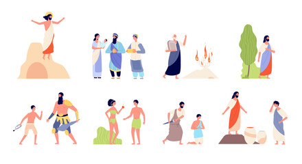 Bible scenes. Religion people, isolated biblical legendary concepts. Christian story, murder prayer man birth god or lord utter vector set. Illustration legendary scene bible, christian saint story
