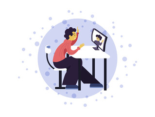 a young person communicates through a computer, protecting the health of their loved ones.