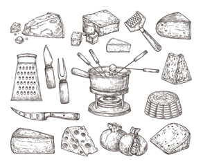 Different cheese. Recipe ingredients, fondue meal sketch and cutlery. Hand drawn parmesan gouda edam cheddar, dinner lunch exact vector set. Illustration cheese meal piece, mozzarella delicious - obrazy, fototapety, plakaty
