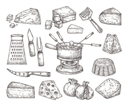 Different cheese. Recipe ingredients, fondue meal sketch and cutlery. Hand drawn parmesan gouda edam cheddar, dinner lunch exact vector set. Illustration cheese meal piece, mozzarella delicious