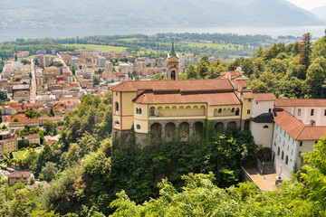View of Madonna del Sasso Sanctuary in Orselina, above Locarno city and lake Maggiore, Ticino, Switzerland