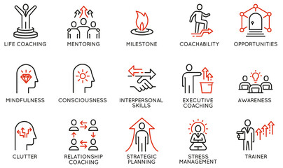Vector Set of Linear Icons Related to Coaching, Career Development and Striving for Self-Realization. Mono Line Pictograms and Infographics Design Elements - part 2 - obrazy, fototapety, plakaty