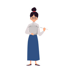 Woman chef cook with kitchen saucepan flat vector illustration isolated.