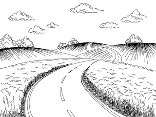 Rural road graphic black white landscape sketch illustration vector