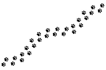 Paw print. Footprints for pets, dog or cat. Pet prints pattern. Foot puppy. Black silhouette shape paw. Footprint pet. Animal track. Trace dogs, cats. Cute background turn right. Design walks. Vector