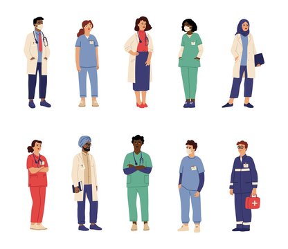 Doctor nurse characters. Health professionals, isolated medical hospital persons. Male paramedic surgeon, swanky healthcare team vector set. Illustration medical professional hospital staff