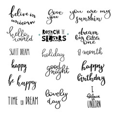 Set of lettering phrases for children.