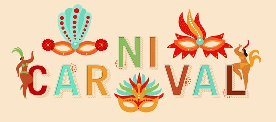 Fototapeta premium Carnival banner. Rio festival with dancers, decorative mask and retro style typography vector background. Illustration brazil carnival, brazilian party parade