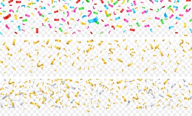 Confetti banner. Gold silver colorful falling particles on transparent. Festive celebration, birthday christmas anniversary decorations vector. Decoration confetti to birthday and holiday event