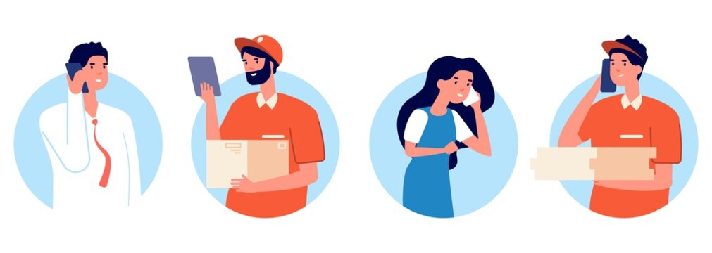Delivery service. People talking on smartphone with postman. Food pizza parcels bringing, online shopping and logistic vector concept. Delivery service at home, character call smartphone