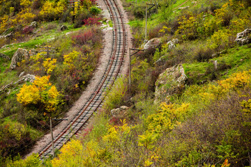 Russian Straight Railway with trees. Landscape with railroad, summer time traveling, freedom of movement.