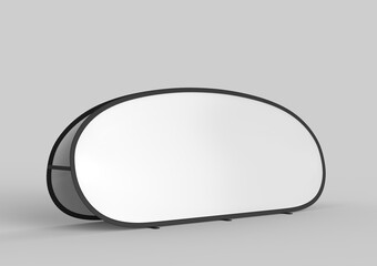 Blank white pop up advertising frame banners are ideal for outdoor sporting display event branding. Portable lightweight system. 3d render illustration.