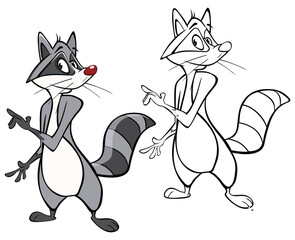 Vector Illustration of a Cute Cartoon Character Raccoon  for you Design and Computer Game. Coloring Book Outline Set 