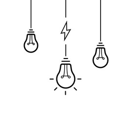 Creative idea. Set of hanging from above light bulbs. Light bulb with cable and lightning bolt. Vector illustration
