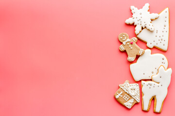Food pattern with icing gingerbread cookies for Christmas, overhead view