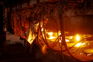 Continuous casting process. Steel production in the workshop