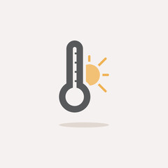 Thermometer and sun. Summer temperature. Color icon with shadow. Weather vector illustration