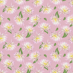Seamless pattern with dahlia on pink background