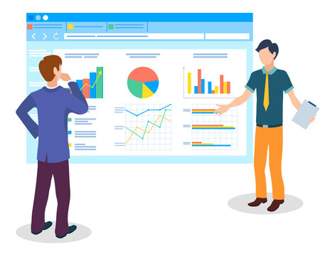 Men or managers study analytical data on huge cartoon monitor, bar and pie charts, area diagram, up arrows, growth. Consumer market analysis, customer base attraction. Flat image isolated on white
