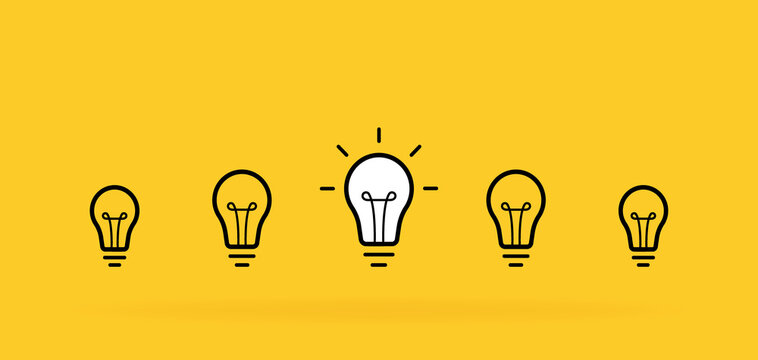 Creative idea. Set of standing light bulbs. Light with rays isolated on yellow background. Vector illustration
