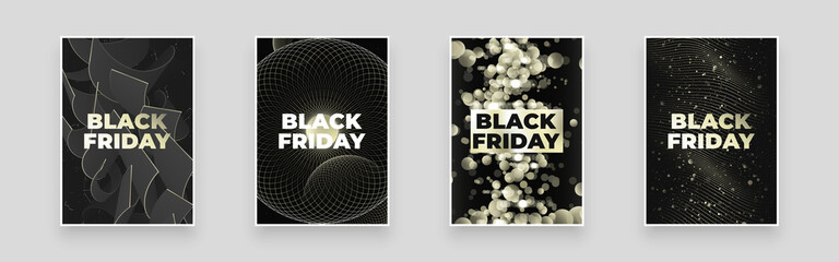 Black Friday. Abstract set Placards, Posters, Flyers, Banner Designs. Cosmic gray gold 3d form, Golden bokeh, glitter, sparkles and wavy lines. Linear ornaments. Outline circles.