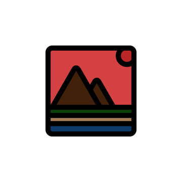 Image picture mountain landscape nature icon label photo sunset logo sign emblem template Hand drawn Children's cartoon design style Fashion print clothes apparel greeting invitation card cover flyer