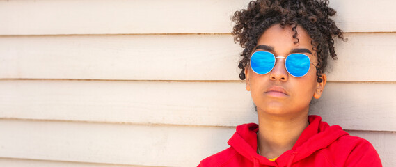 African American female young woman wearing blue sunglasses panorama web banner