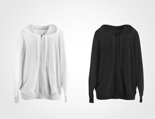 Mockup of a white, black hoodie with ties, pockets, cuffs, isolated on background.