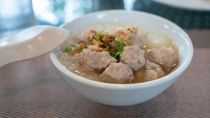 closeup bowl of pork porridge