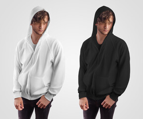 Template for a men's sweatshirt with a zip fastener, with ties, a pocket on a guy in a hood, front view.