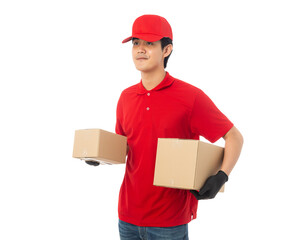 Young Delivery man in red uniform holding paper cardboard box mockup isolated on white background with clipping path.