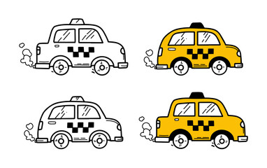Taxi cars in doodle hand drawing style. Vector outline cabs in black and yellow colours. © kanvictory