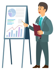 Businessman showing on board vector, stats and information with analysis flat style info. Man wearing suit and holding clipboard with pointer character