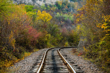 Russian Straight Railway with trees. Landscape with railroad, summer time traveling, freedom of movement.