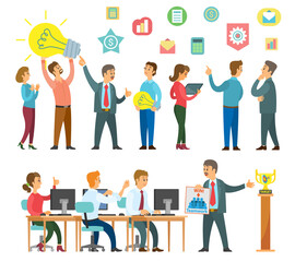 People, office workers, project managers discuss ideas. Increasing motivation, motivator moves ideas forward. Go to the goal. Golden winner cup. People in developing idea process. Finance, investment