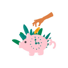 Illustration Of Piggy Bank. Vector concept of accumulating money with gold coins. A piggy Bank with a watch and money. In a circle of jungle and natural coins. The concept of financial security. Drawn