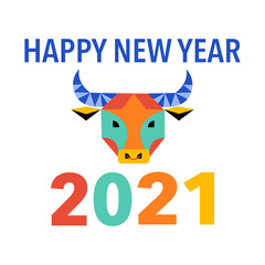 Happy New Year 2021 concept vector illustration on white background. Colorful cow head in flat design. Design for banner, poster and greeting card.	
