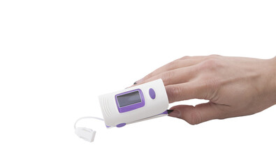 Woman using fingertip pulse oximeter on white background
