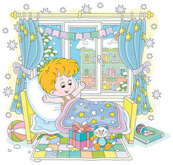 Happy and surprised little boy, waking up in his small bed, with colorful holiday gifts and toys in a nursery room in a snowy winter morning, vector cartoon illustration isolated on a white background