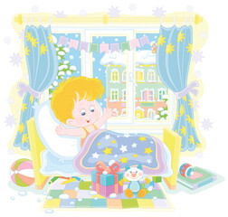 Happy and surprised little boy, waking up in his small bed, with colorful holiday gifts and toys in a nursery room in a snowy winter morning, vector cartoon illustration isolated on a white background