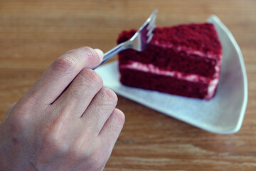 Red velvet cake sweet dessert on wood board