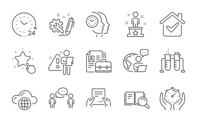 Receive file, Success and Time management line icons set. Consulting business, Search book and Cloud computing signs. Timer, Chemistry beaker and Vacancy symbols. Line icons set. Vector