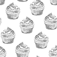 Seamless pattern sketch of a cupcake. Imitation of pencil drawing. Hand drawing. Vector illustration in a graphic style.