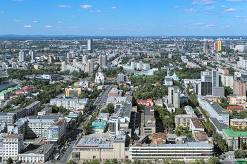 Yekaterinburg, Russia. High angle view of the central and northern parts of the city with Church on Blood and Ascension Church. View from the observation deck of the Vysotsky skyscraper.