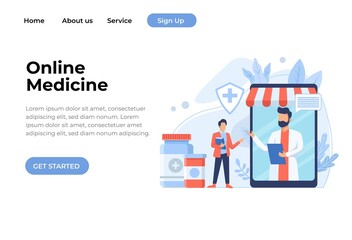 Online pharmacy site design concept. Flat modern vector illustration for web site design, banner, landing page. Buy medicaments and drugs online. E-commerse site design