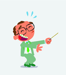 cartoon character of businessman laughs while pointing to the side with a pointer