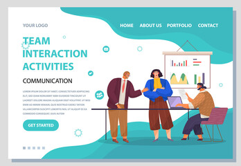 Landing page team interaction activities site. Red-haired man stands and tells sth, girl crossed her arms over chest, man sits and prints document on laptop. Office room, board with analytical data