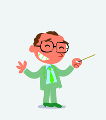 cartoon character of businessman says something funny while pointing to the side with a pointer.