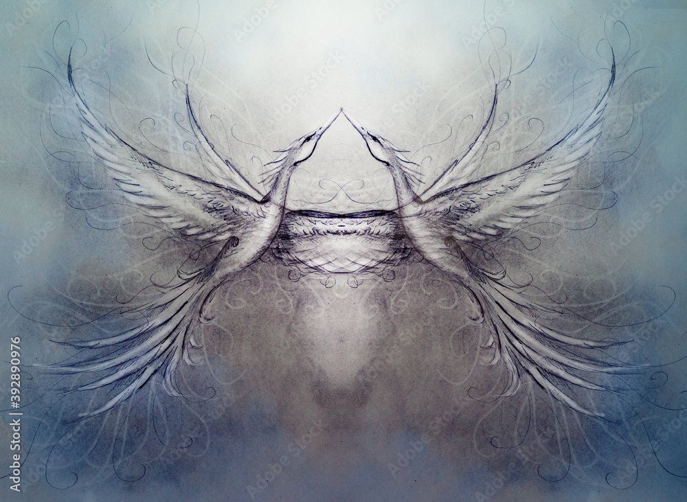 Poster flying phoenix bird as symbol of rebirth and new beginning and ancient ornament in background.