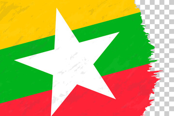 Horizontal Abstract Grunge Brushed Flag of Myanmar on Transparent Grid.